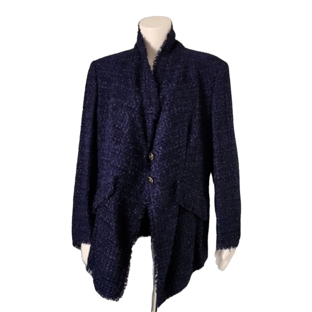VINTAGE ESCADA Bouclé Tweed Blazer 44 M Blue Silk Wool Textured Sparkle Jacket - Picture 14 of 16